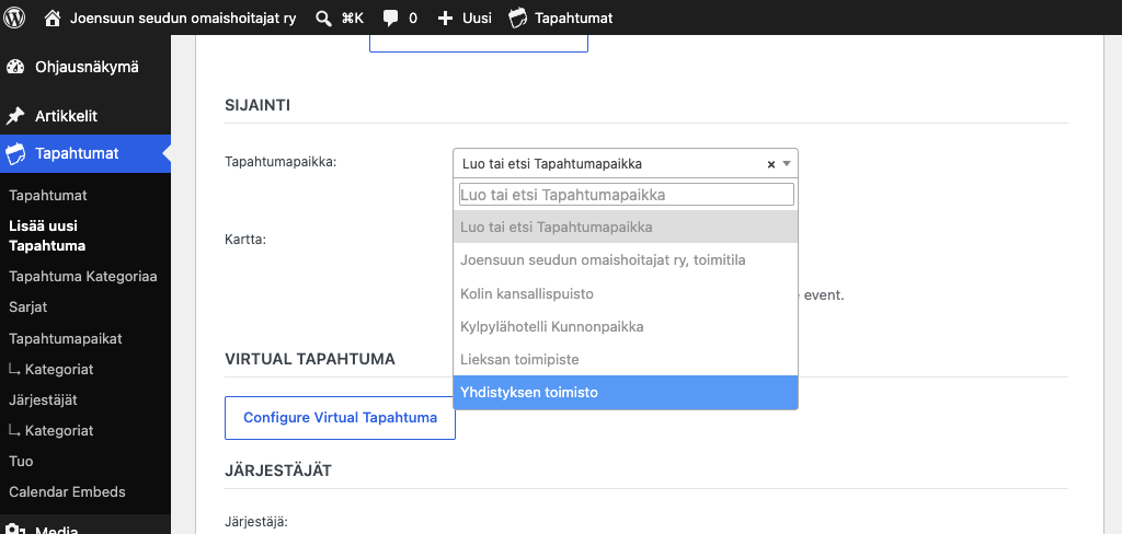 SIJAINTI-osio, jossa tapahtumapaikan valintakenttä