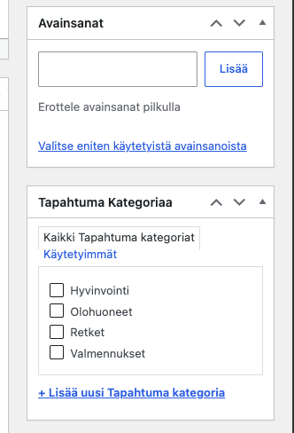 Oikean reunan laatikot Tapahtuma Kategoriaa ja Avainsanat